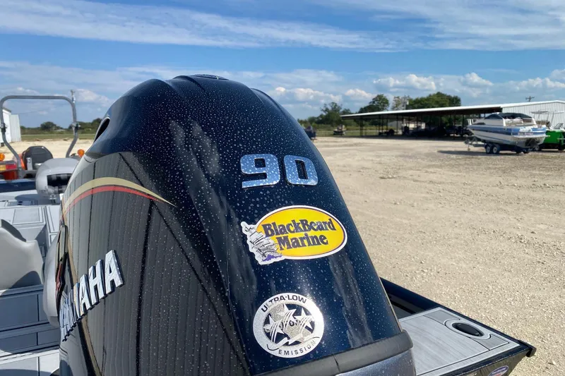 Slide: The Image of Outboard motor on G3 Sportsman 1710SE boat, 2026 model, with Yamaha branding and BlackBeard Marine sticker. - 3