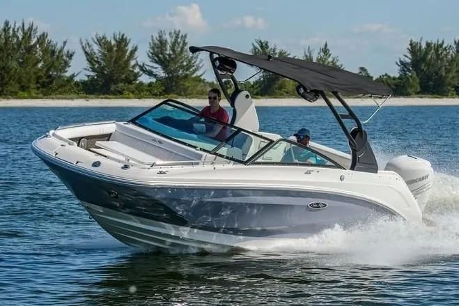 Slide: The Image of 2019 Sea Ray SDX 250 Outboard boat cruising on water with two passengers. - 51