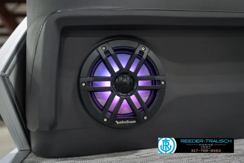 Slide: The Image of 2026 Bennington 22 MFB boat speaker with purple LED lighting. - 48
