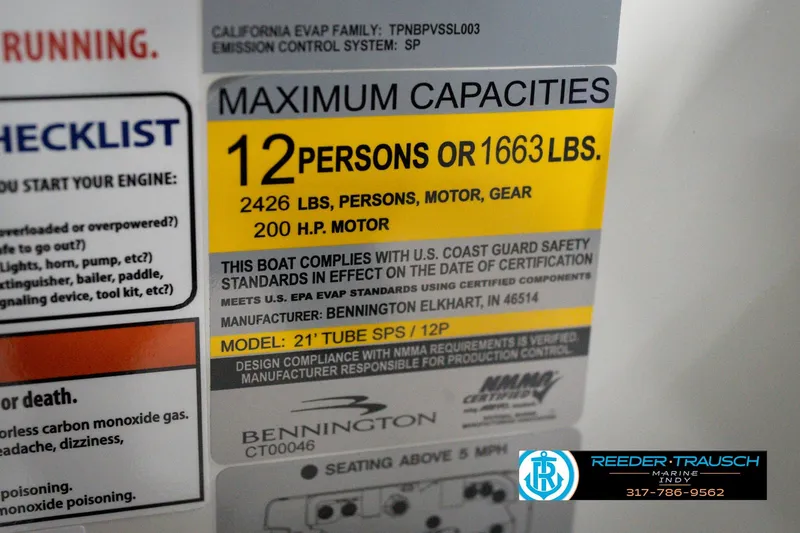 Slide: The Image of Capacity label for Bennington 22 MFB 2026 boat, 12 persons or 1663 lbs, 200 HP motor. - 59