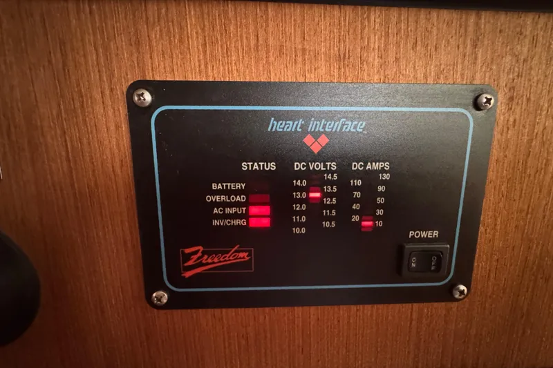 Slide: The Image of Control panel of a 1999 Hunter Passage 420 sailboat, displaying voltage and amperage. - 58
