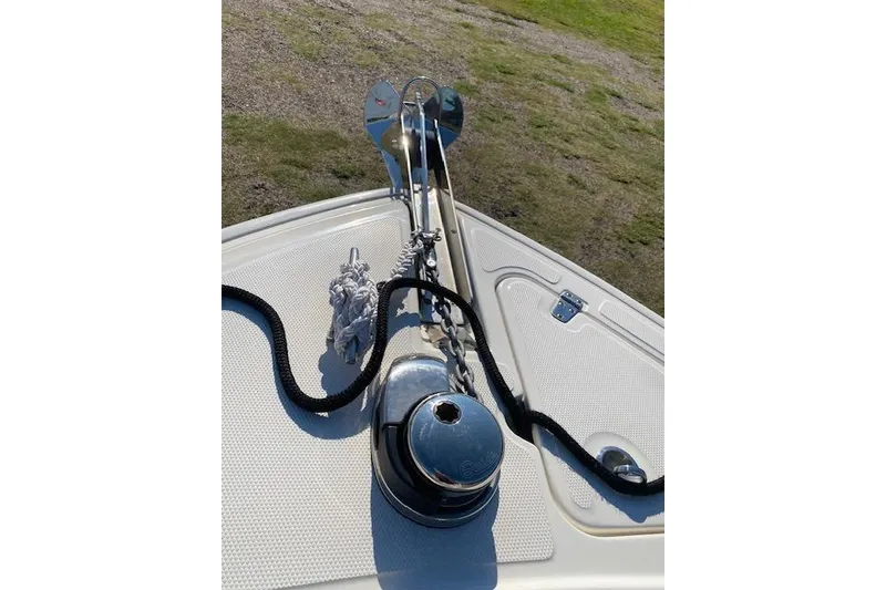 Slide: The Image of Bow of 2021 Boston Whaler 230 Outrage with anchor and rope detail. - 14
