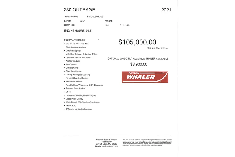 Slide: The Image of 2021 Boston Whaler 230 Outrage boat specifications and pricing details. - 39