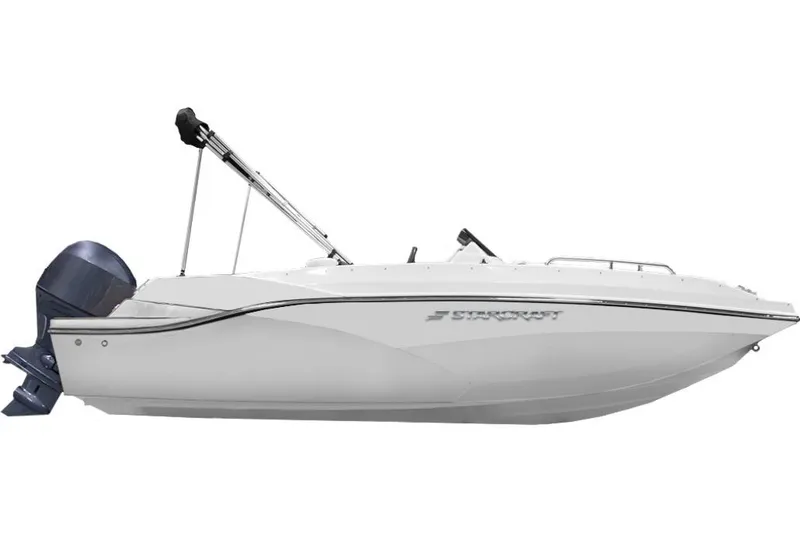 Slide: The Image of 2026 Starcraft SVX 211 OB CC boat, side view, white hull, outboard motor. - 1