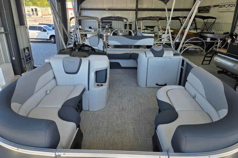 Slide: The Image of 2026 Avalon LSZ 2185 Cruise Rear Bench pontoon boat interior with plush seating. - 6