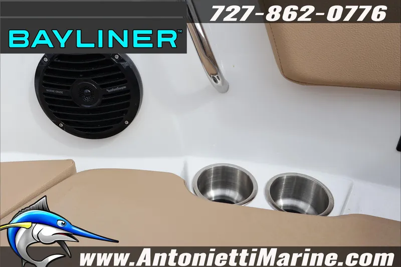 Slide: The Image of 2026 Bayliner V20 boat interior with speaker and cup holders, Antonietti Marine branding. - 11