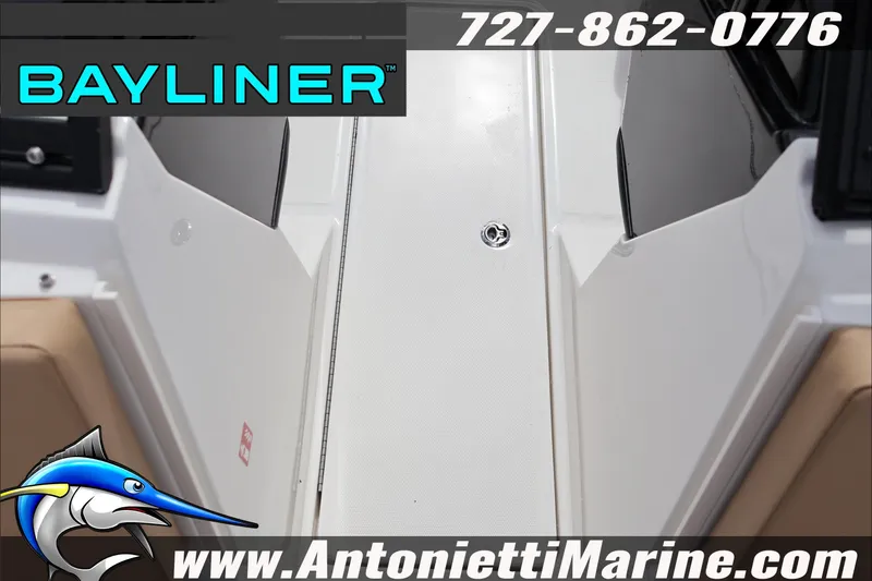 Slide: The Image of 2026 Bayliner V20 boat interior with logo and contact details. - 15