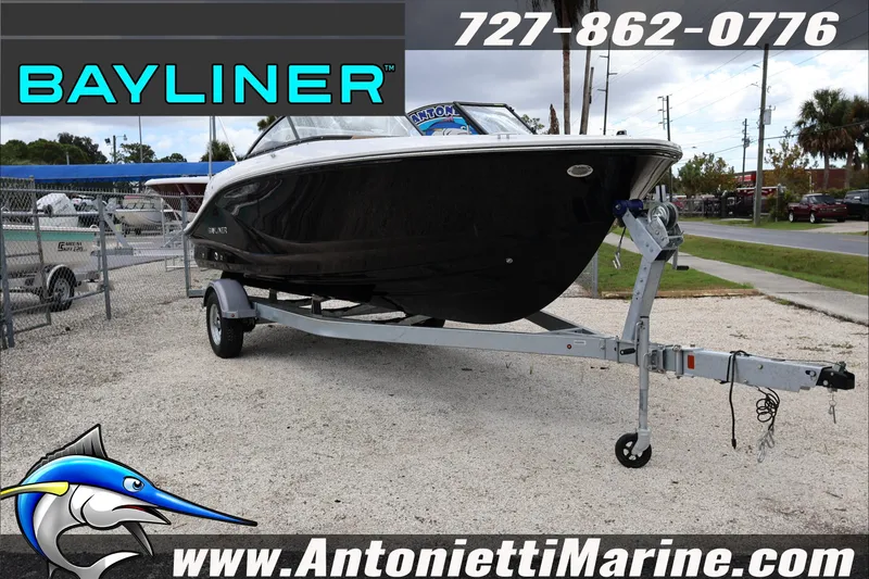 The Image of 2026 Bayliner V20 boat on trailer at Antonietti Marine dealership. - 2