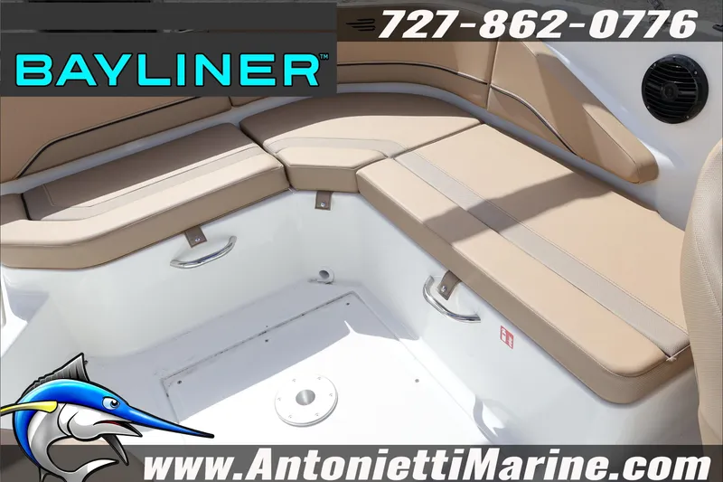 Slide: The Image of Bayliner V20 2026 boat interior with beige seating, Antonietti Marine branding. - 25