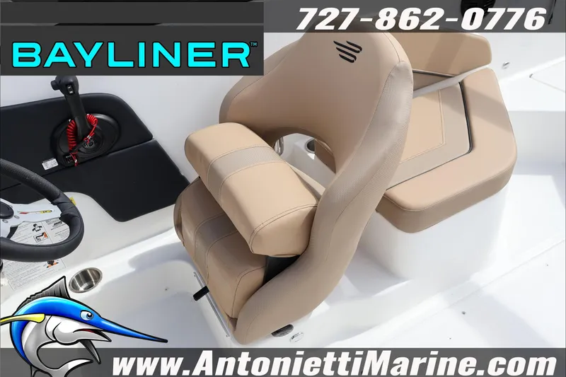 Slide: The Image of 2026 Bayliner V20 boat seat with logo and contact details. - 28