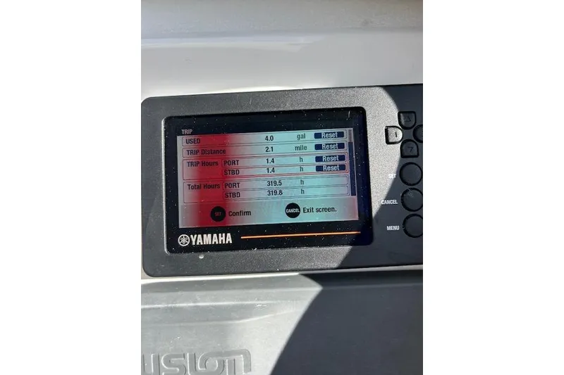 Slide: The Image of Yamaha display showing trip data on a 2020 Parker 2520 XLD Sport Cabin boat. - 12