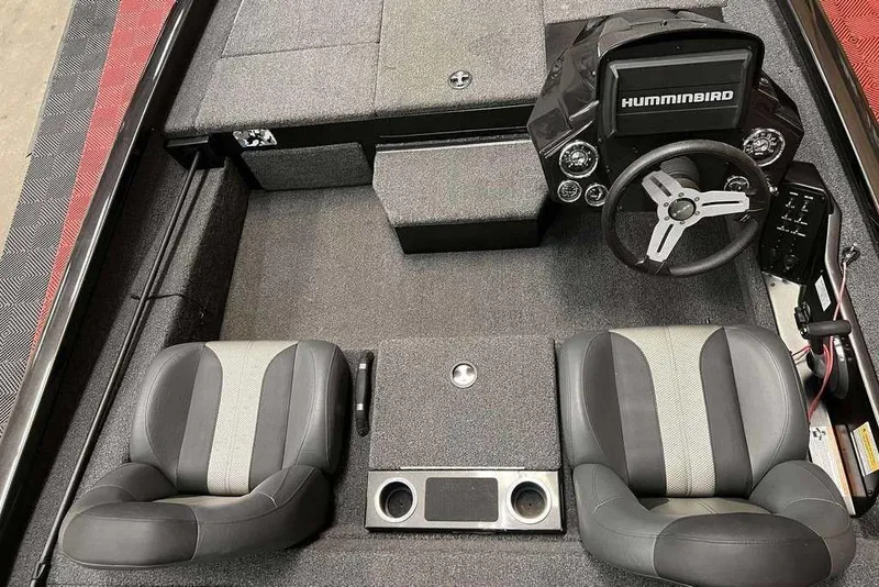 Slide: The Image of 2020 Vexus AVX1880 boat interior with dual seats and Humminbird dashboard. - 6