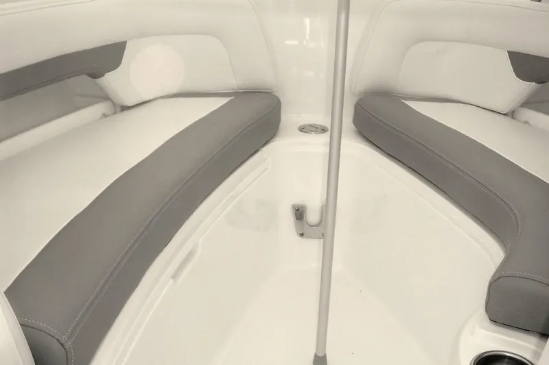 Slide: The Image of 2024 Albemarle 27 Dual Console interior with gray cushioned seating. - 31