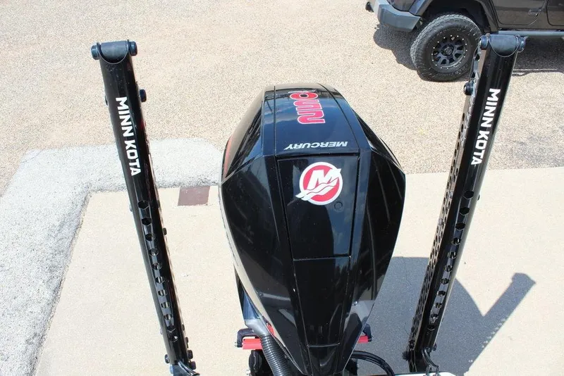 Slide: The Image of 2021 Vexus VX20 boat with Minn Kota poles and Mercury engine, viewed from above. - 10