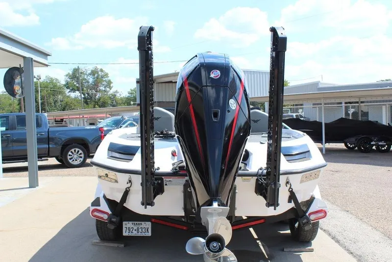 Slide: The Image of 2021 Vexus VX20 boat rear view with powerful outboard motor and dual power poles. - 5