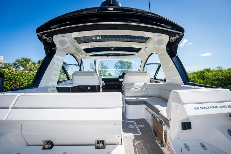 Slide: The Image of 2023 Sea Ray Sundancer 370 OB interior with spacious seating and modern design. - 16