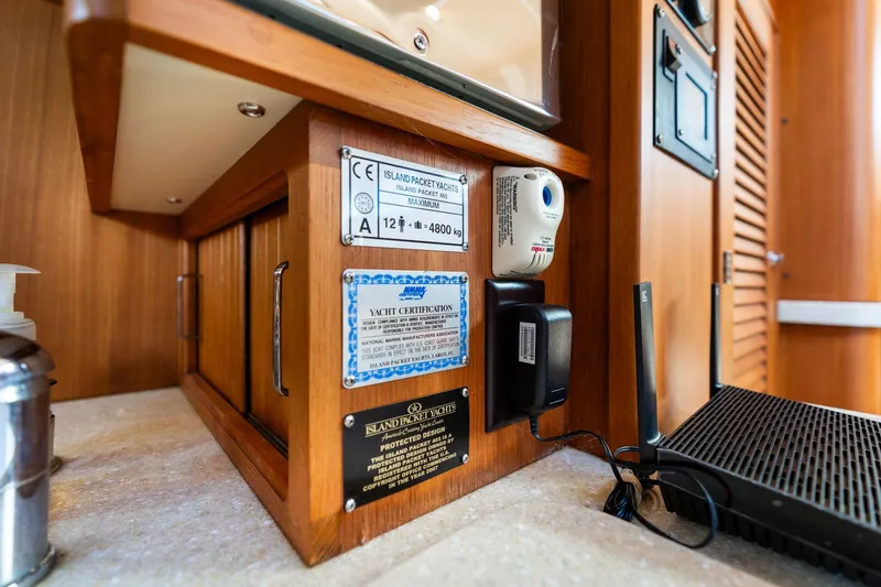 Slide: The Image of Interior view of 2008 Island Packet 465 yacht with certification plaques and equipment. - 25