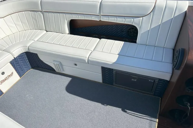 Slide: The Image of Luxurious seating on 2023 StanCraft 380 Rivelle boat with elegant white upholstery. - 14