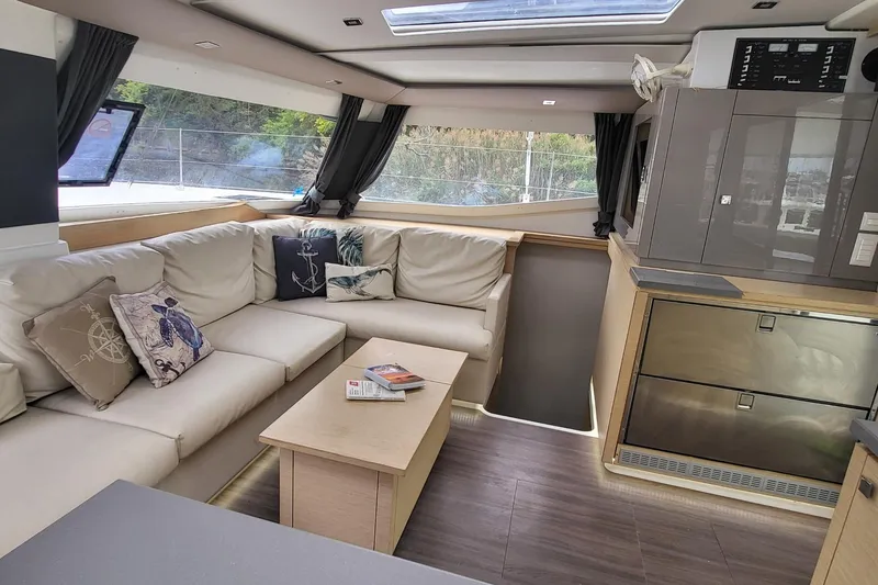 Slide: The Image of Luxurious interior of 2018 Fountaine Pajot Helia 44 catamaran with plush seating and modern design. - 3