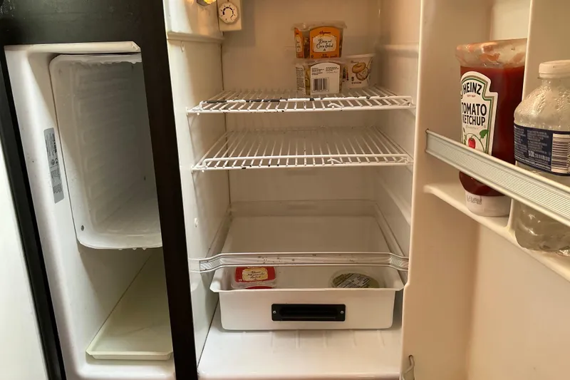 Slide: The Image of Open refrigerator with condiments and minimal food items, inside a 2003 Regal Commodore 4260. - 53