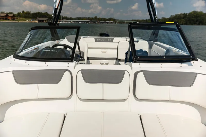 Slide: The Image of 2023 Bayliner VR5 Bowrider OB dashboard with steering wheel and instrument panel. - 6