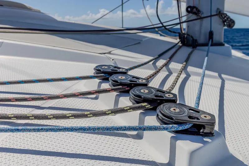 Slide: The Image of Close-up of rigging on a 2020 Fountaine Pajot Saona 47 catamaran. - 37
