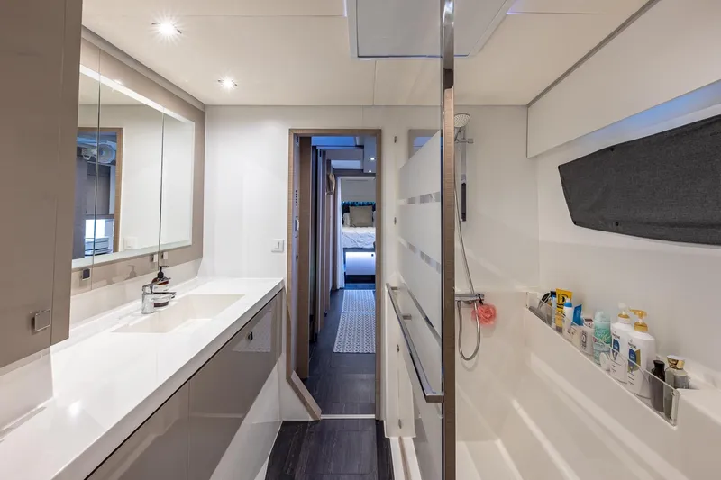 Slide: The Image of Modern bathroom interior of 2020 Fountaine Pajot Saona 47 catamaran, featuring sleek design and amenities. - 62