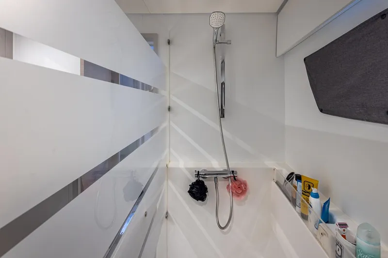 Slide: The Image of Modern shower area in 2020 Fountaine Pajot Saona 47 catamaran bathroom. - 63