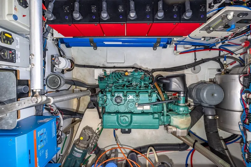 Slide: The Image of Engine room of a 2020 Fountaine Pajot Saona 47 catamaran, showcasing mechanical components. - 80