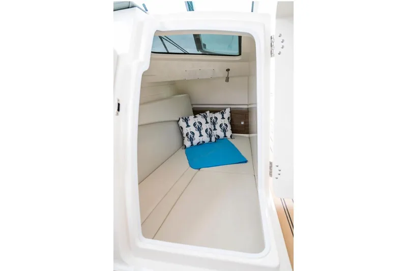 Slide: The Image of Manufacturer Provided Image: 2018 Boston Whaler 320 Vantage cabin interior with cushions and a blue mat. - 30