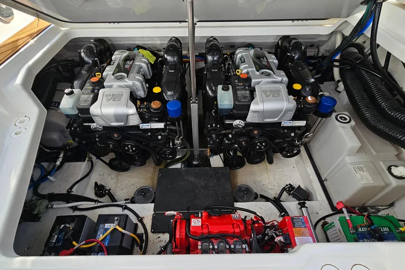 Slide: The Image of Engine compartment of 2022 Monterey 378SS Super Sport boat, featuring dual V8 engines. - 33
