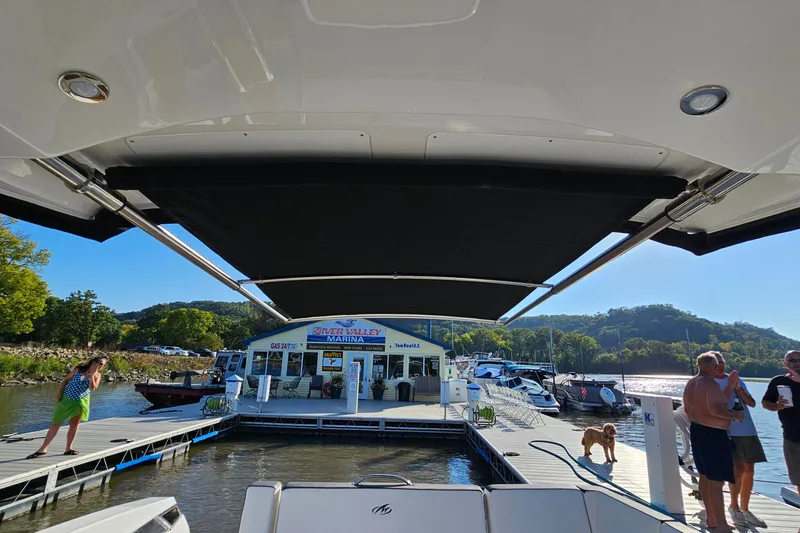 Slide: The Image of 2022 Monterey 378SS Super Sport at River Valley Marina, sunny day, people on dock. - 36