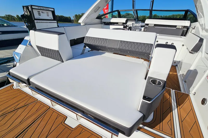 Slide: The Image of 2022 Monterey 378SS Super Sport boat interior with luxurious seating and modern design. - 6