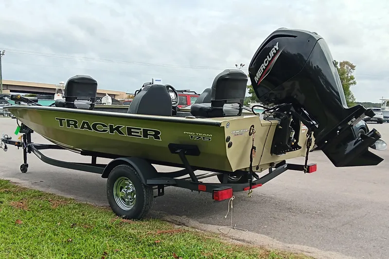Slide: The Image of 2026 Tracker Pro Team 175 boat on trailer with Mercury outboard motor. - 5