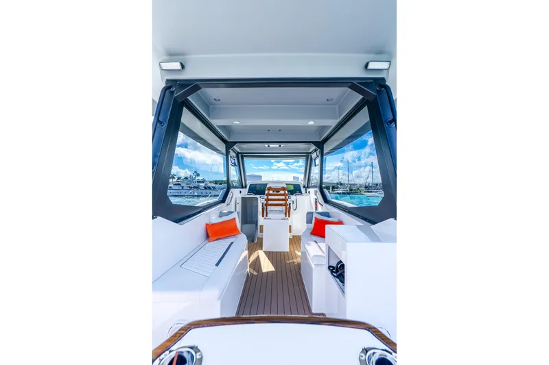 Slide: The Image of Interior view of 2026 Hammer Yachts 35HH, featuring sleek design and vibrant accents. - 17