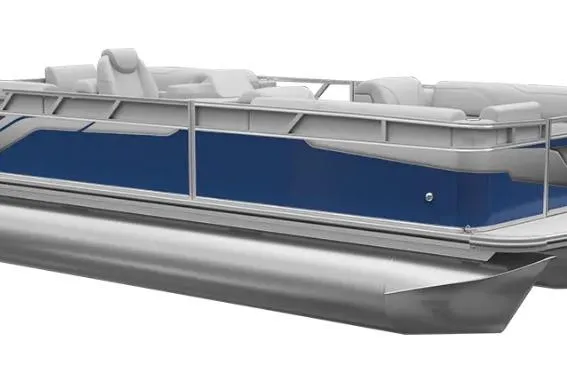 The Image of 2026 Avalon Ventue QL pontoon boat with blue and gray design, side view. - 0