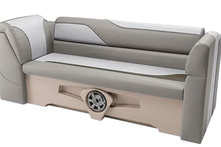 Slide: The Image of Avalon Ventue QL 2026 boat seat, beige and gray design with integrated speaker. - 3