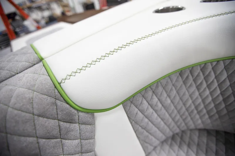 Slide: The Image of Luxurious interior detail of 2025 StanCraft 290 Rivelle with quilted gray and white upholstery. - 21