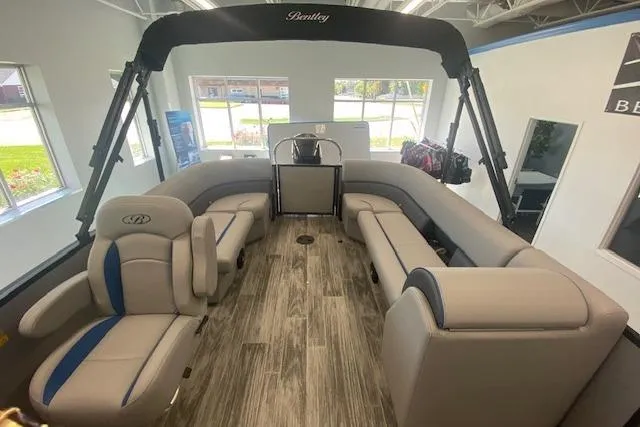 Slide: The Image of 2026 Bentley Pontoons Bolt interior with luxurious seating and modern design. - 4