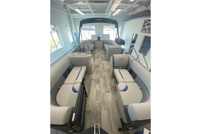 Slide: The Image of 2026 Bentley Pontoons Bolt interior with modern seating and sleek design. - 8