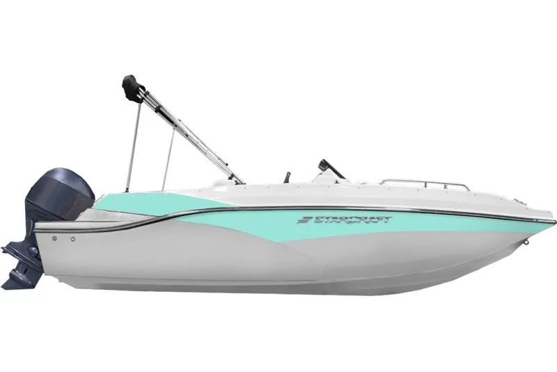 The Image of 2026 Starcraft SVX 191 OB boat with outboard motor, side view, turquoise and white design. - 1