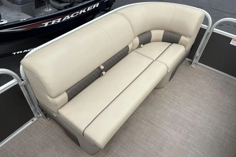 Slide: The Image of 2021 Sun Tracker Party Barge 20 DLX, beige seating, spacious and comfortable layout. - 7