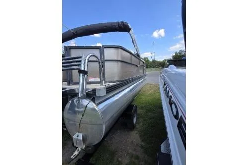 Slide: The Image of 2015 Manitou 20 Oasis Angler pontoon boat on trailer, side view. - 8