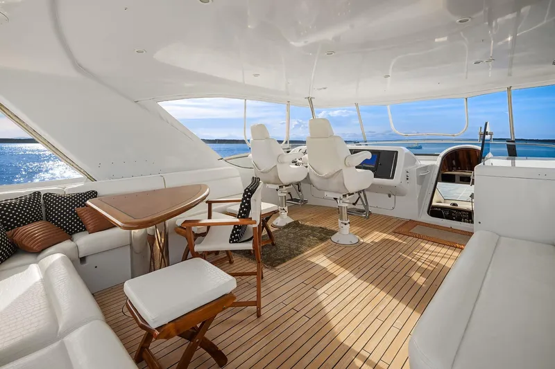 Slide: The Image of Luxurious 2001 Hatteras 63 Cockpit Motor Yacht interior with ocean view and elegant seating. - 18