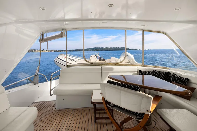 Slide: The Image of 2001 Hatteras 63 Cockpit Motor Yacht interior with grill and seating area. - 19