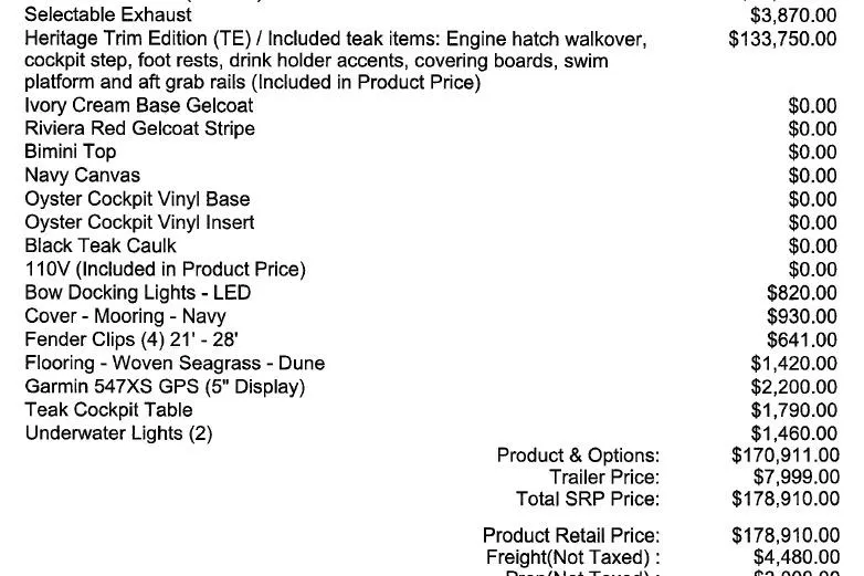 Slide: The Image of 2018 Chris-Craft Launch 27 pricing details with options and total cost breakdown. - 11
