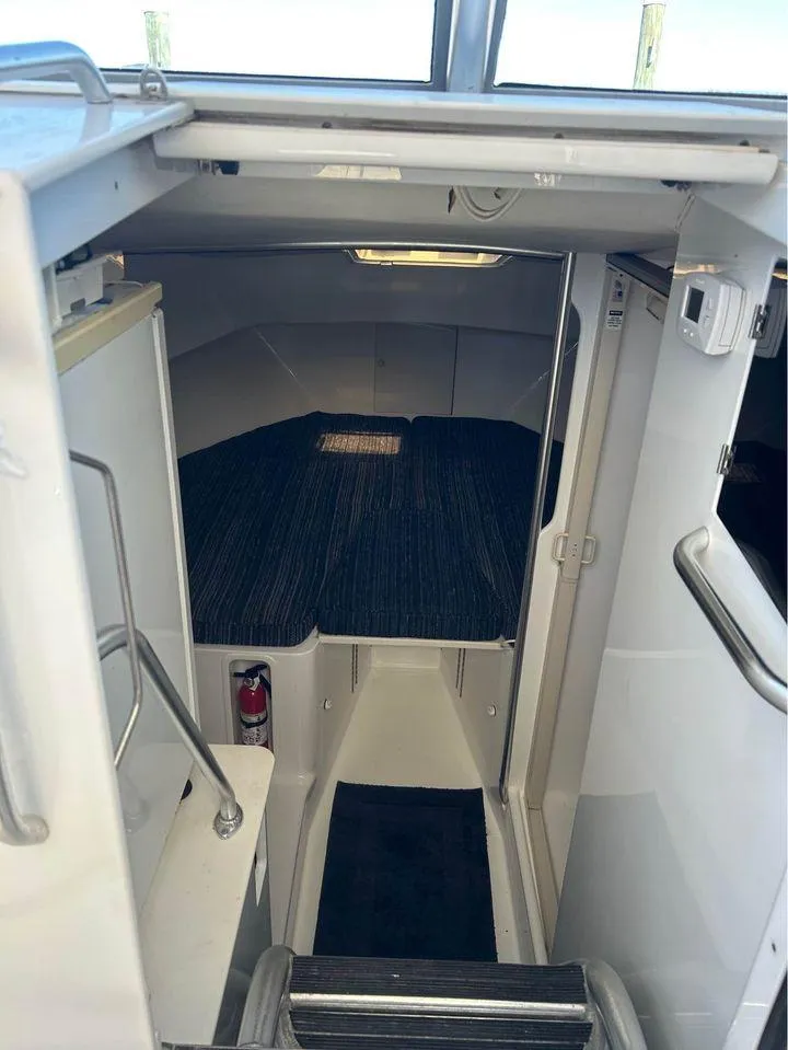 Slide: The Image of 1982 Robertson 3500 Custom Sportfish cabin interior with blue carpet and compact design. - 11