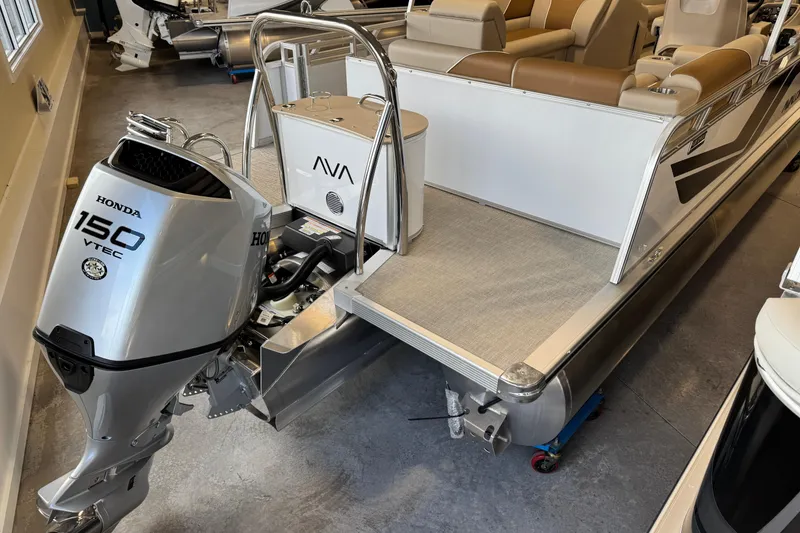 Slide: The Image of 2026 Avalon Venture 85 ELW pontoon boat with Honda 150 VTEC outboard motor. - 13