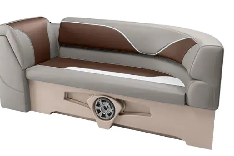 Slide: The Image of 2026 Avalon Venture 85 ELW pontoon boat with beige seating and modern design. - 2