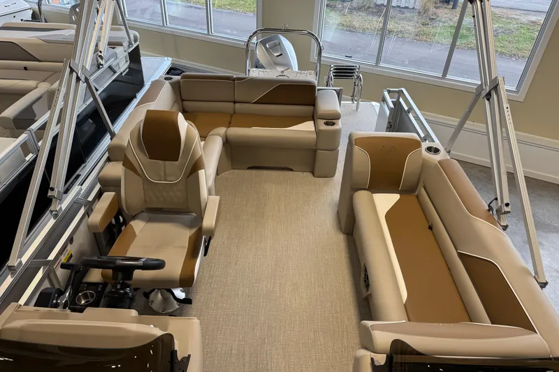 Slide: The Image of Luxurious interior of 2026 Avalon Venture 85 ELW pontoon boat with plush seating. - 6